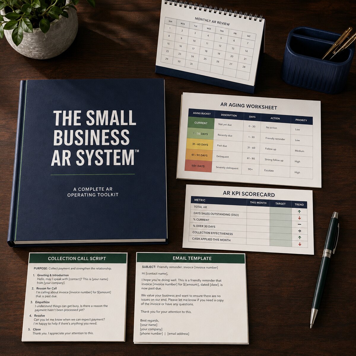 The Small Business AR System toolkit with playbook, aging tracker, KPI dashboard, scripts, and templates